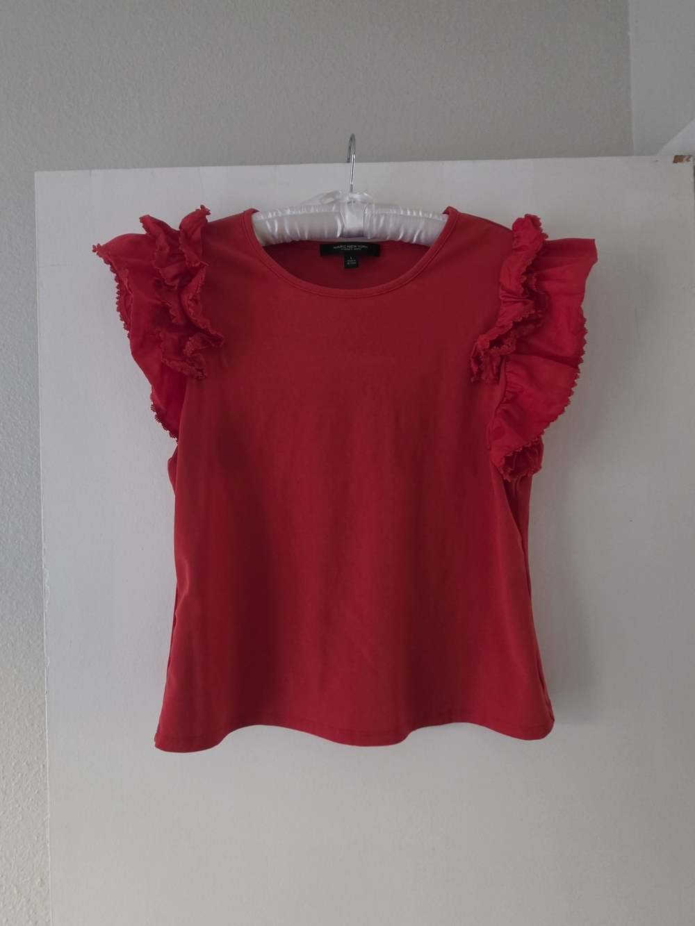 Andrew Marc Red Ruffle Sleeve Blouse
